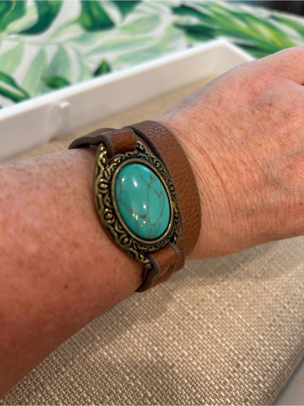 Premier Designs Brown Leather Wrap Bracelet with Turquoise Stone